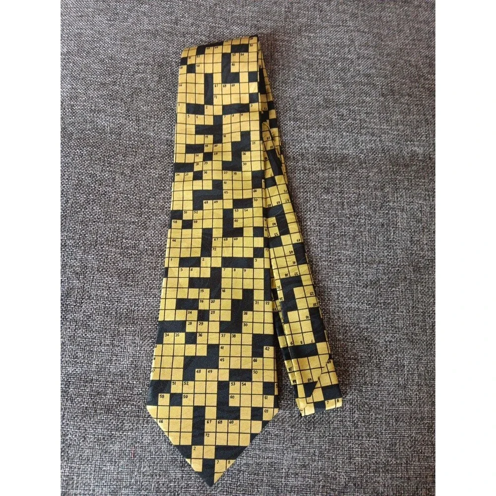 Tie 70s 80s 90s Y2K Mens Vauda Mazzeo Yellow Black Crossword 4 Wide 58 Long